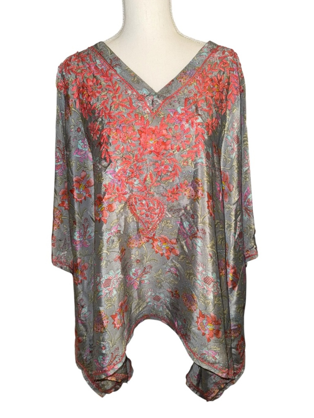 Sevya Silk Handmade Floral Embroidered Tunic Top, fair trade-India, one size